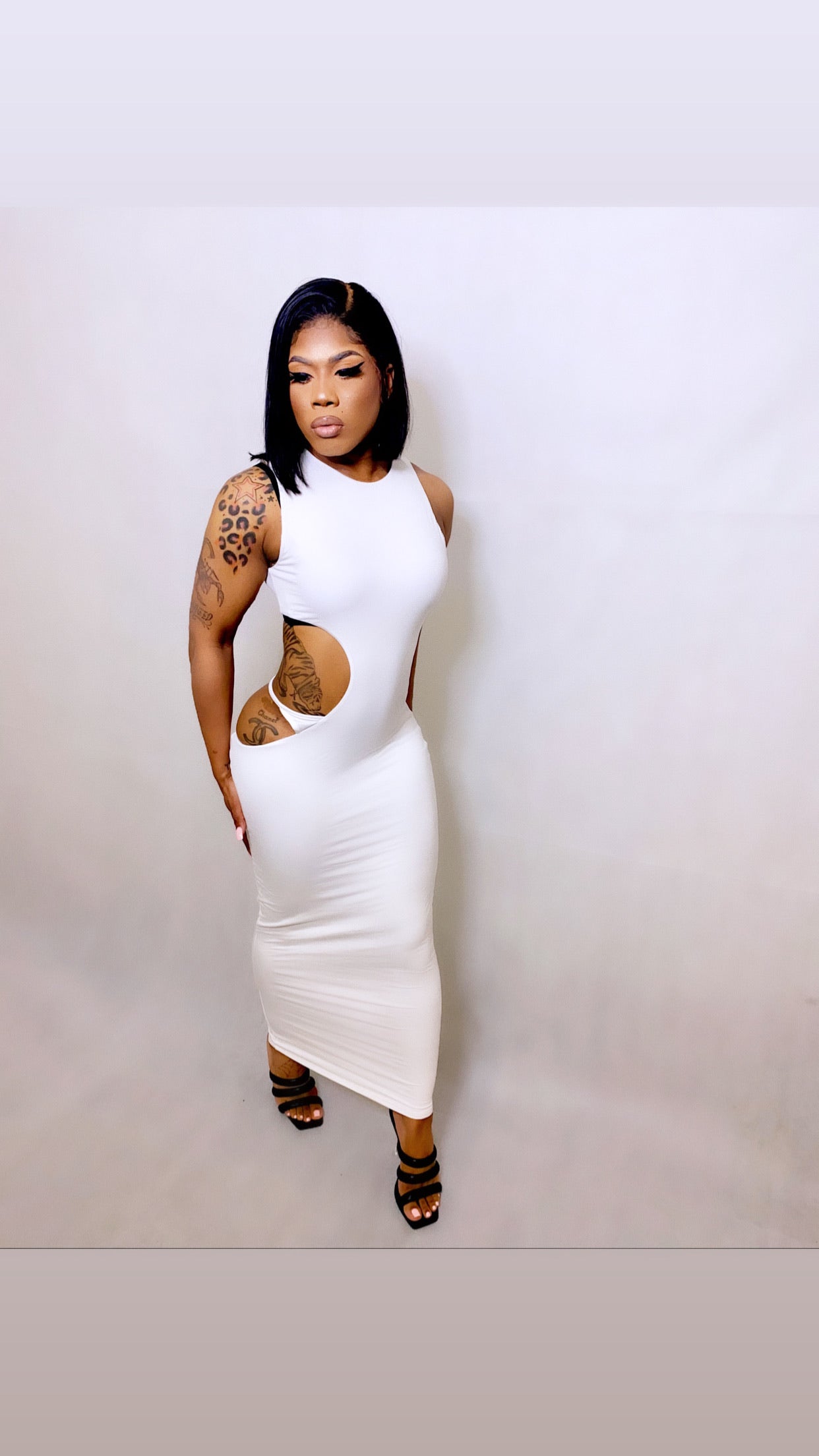 “Kayla” long cut out dress with thong - Stilletoes Plus KV