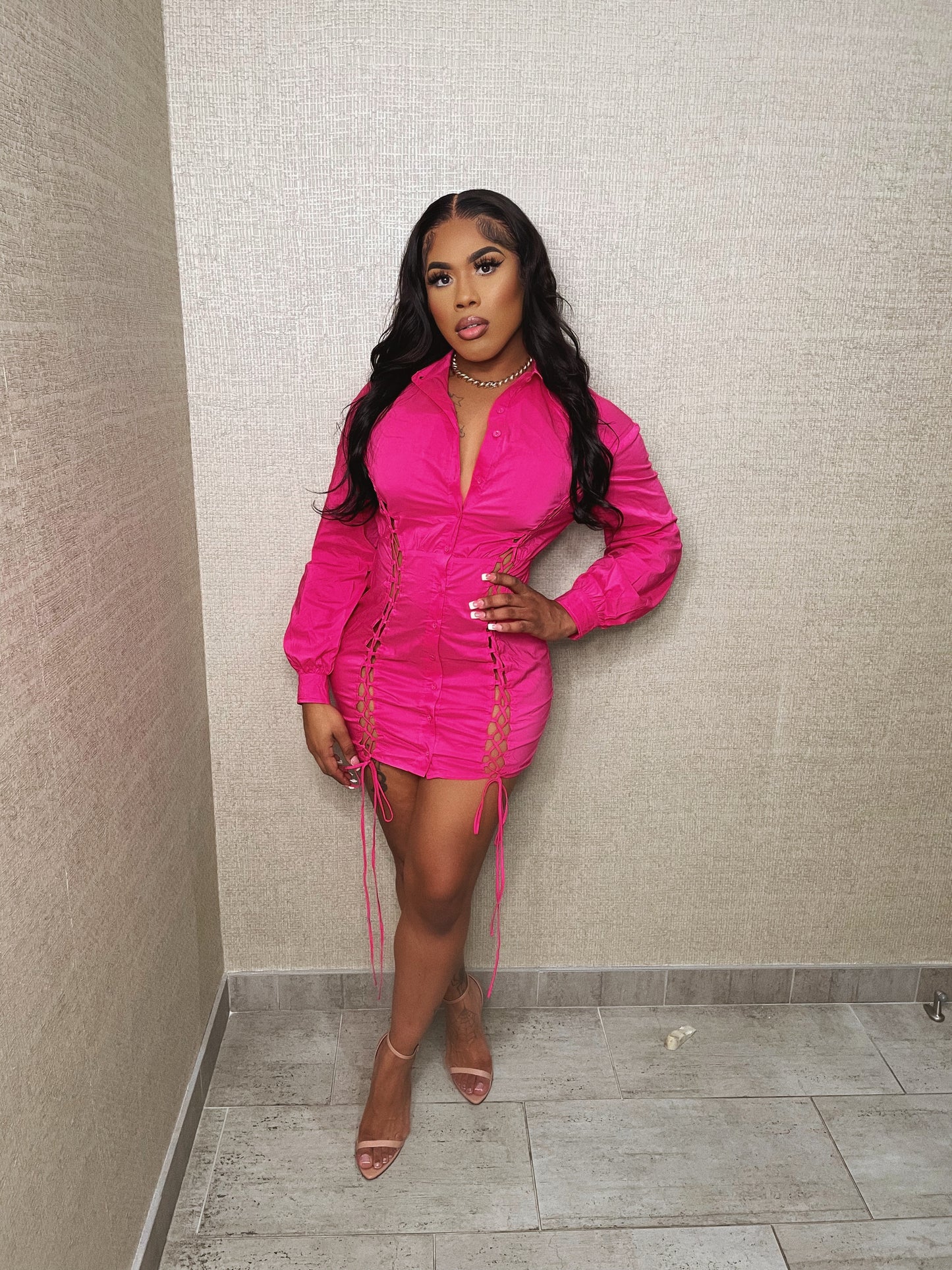 “Pink Lace Up” Shirt Dress