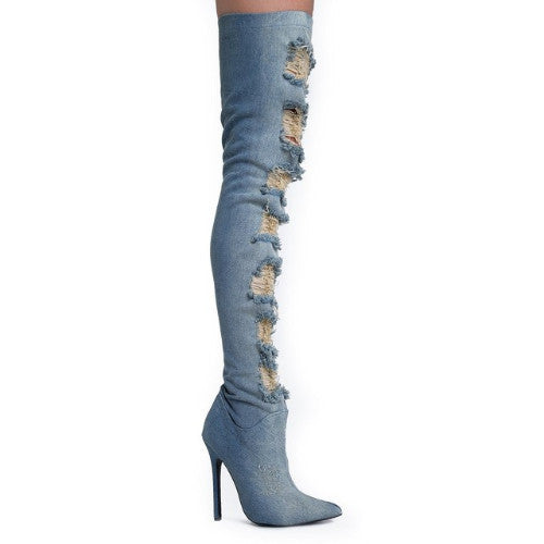 "KK Denim" Thigh High  Denim Boots - Stilletoes Plus KV