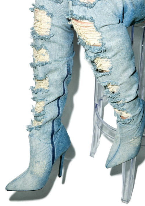 "KK Denim" Thigh High  Denim Boots - Stilletoes Plus KV