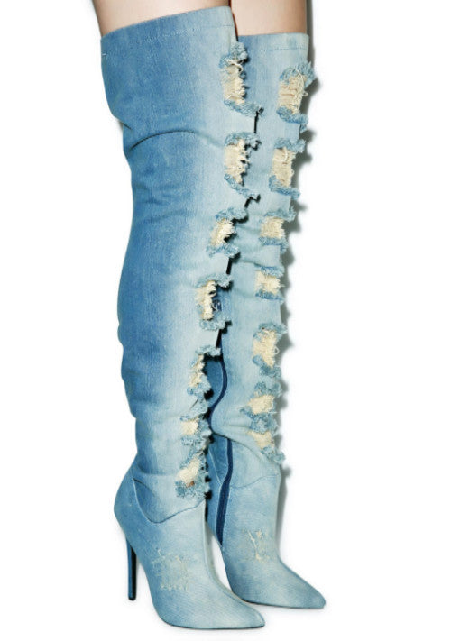 "KK Denim" Thigh High  Denim Boots - Stilletoes Plus KV