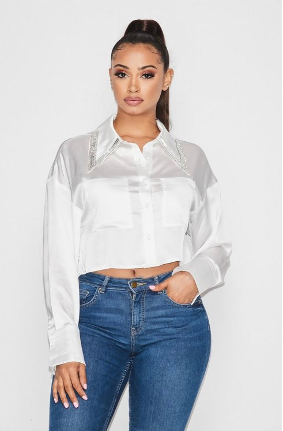 “Crystal” White Crop top button up - Stilletoes Plus KV